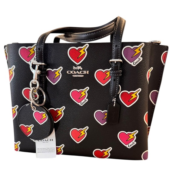 Coach Tote Bag Black Hearts Lightning Bolts Charm Leather Top Handle - Picture 1 of 13